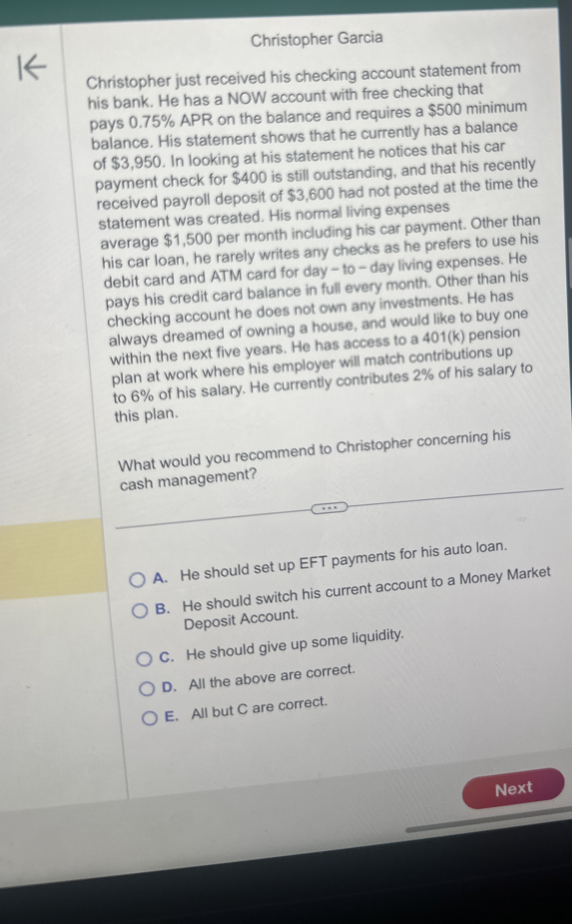  Christopher Garcia Christopher just received his checking account statement from his