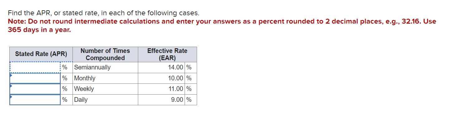  Problem 5-13 Calculating APR [LO 44] Find the APR, or stated