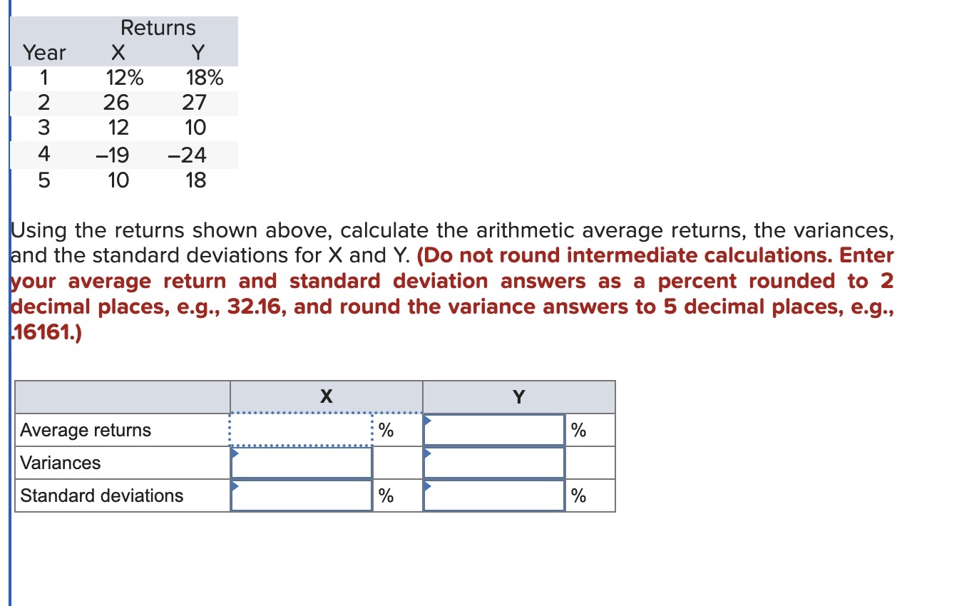  Using the returns shown above, calculate the arithmetic average returns, the