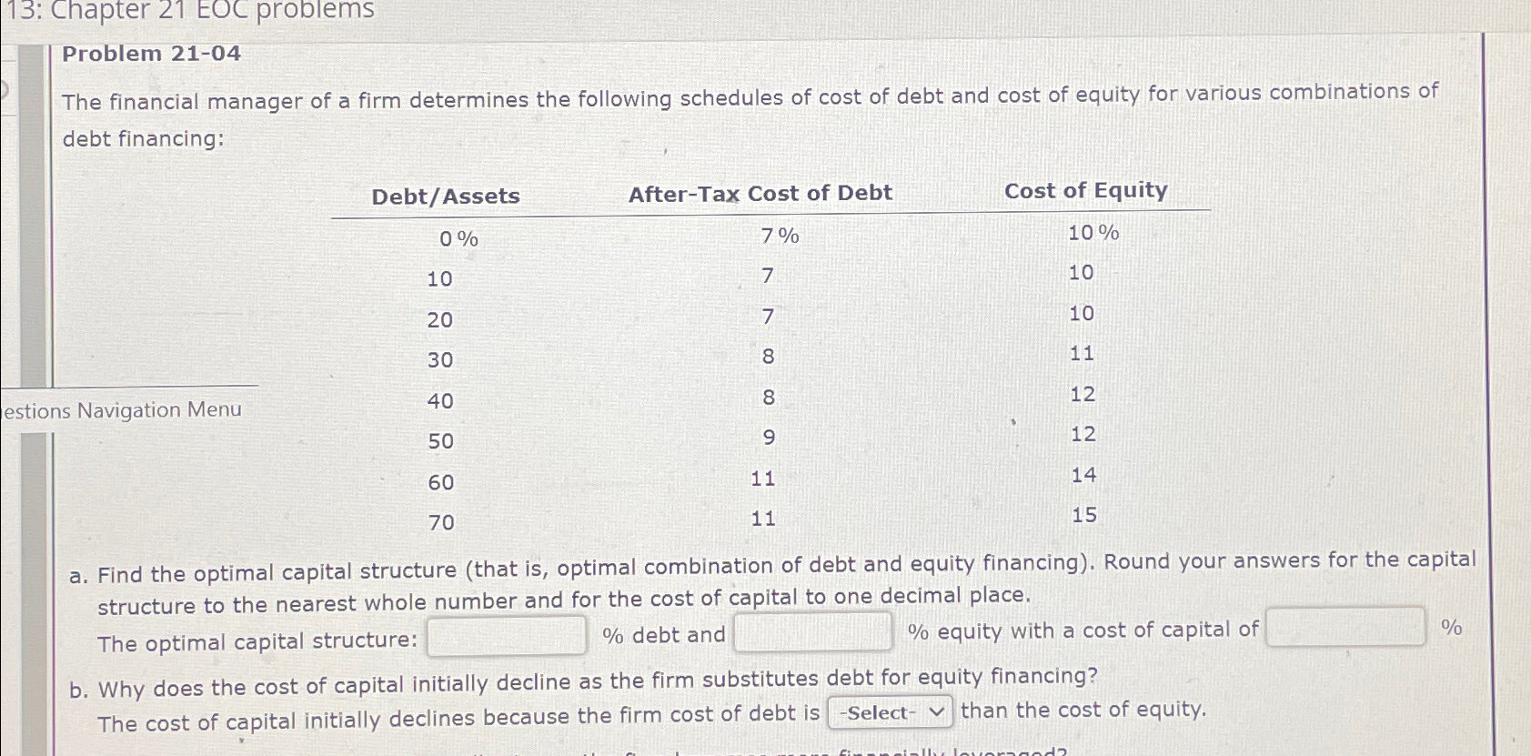  13: Chapter 21 EOC problems Problem 21-04 The financial manager of