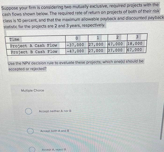  Suppose your firm is considering two mutually exclusive, required projects with