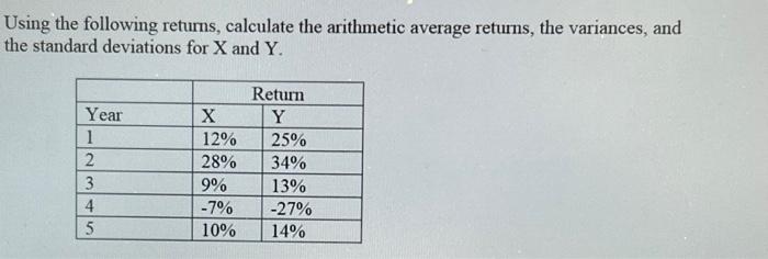  Using the following returns, calculate the arithmetic average returns, the variances,