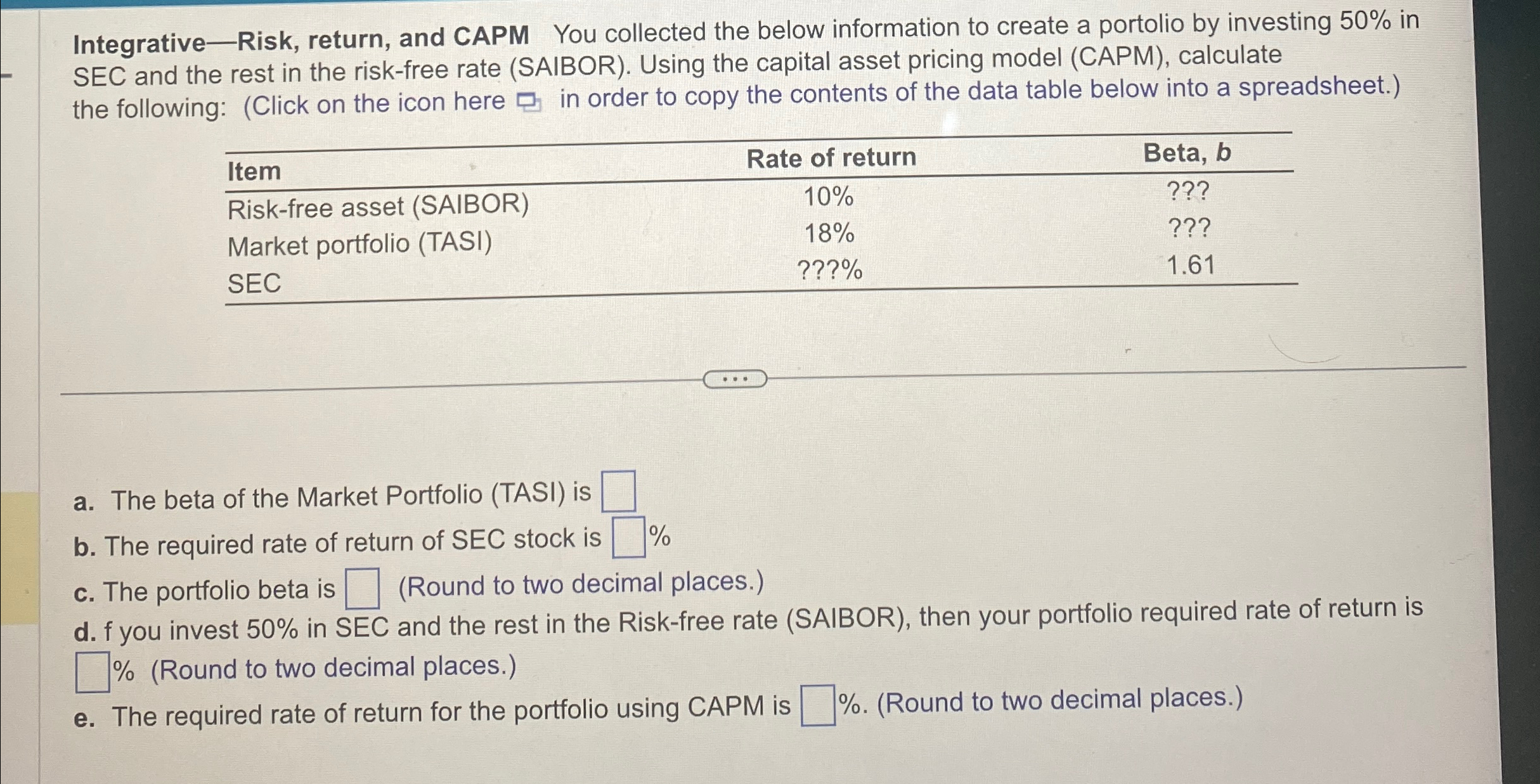  Integrative-Risk, return, and CAPM You collected the below information to create
