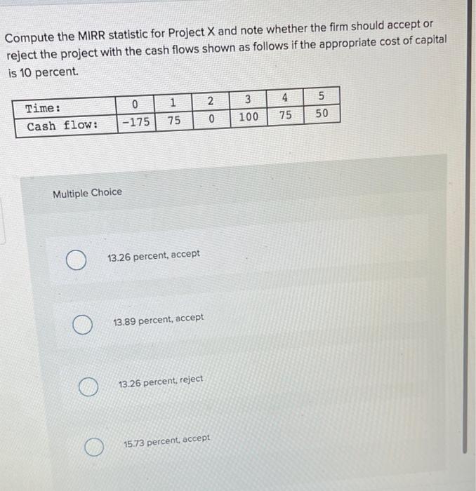  Compute the MIRR statistic for Project X and note whether the