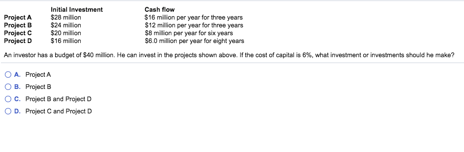  Cash flow $16 million per year for three years Initial Investment