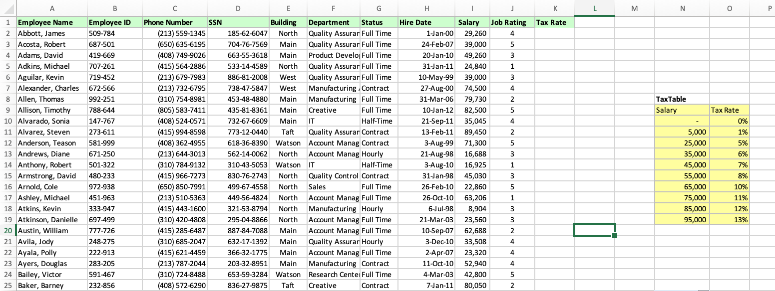 Create a new table labeled Summary Table next to the Tax