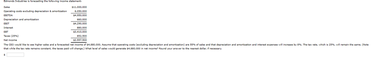  Edmonds Industries is forecasting the following income statement: \table[[Sales,$11,000,000],[Operating costs excluding