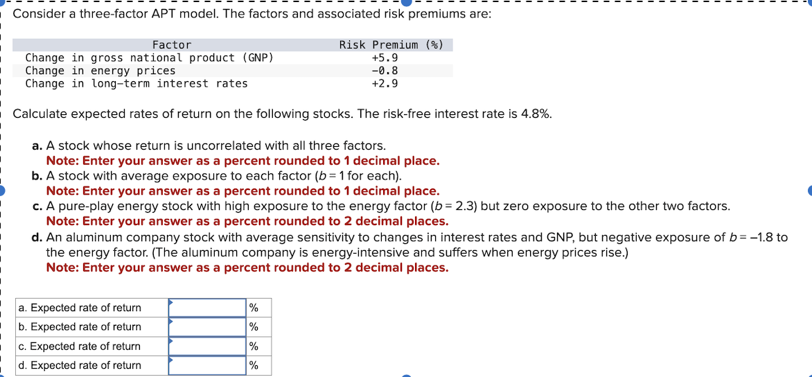  Consider a three-factor APT model. The factors and associated risk premiums