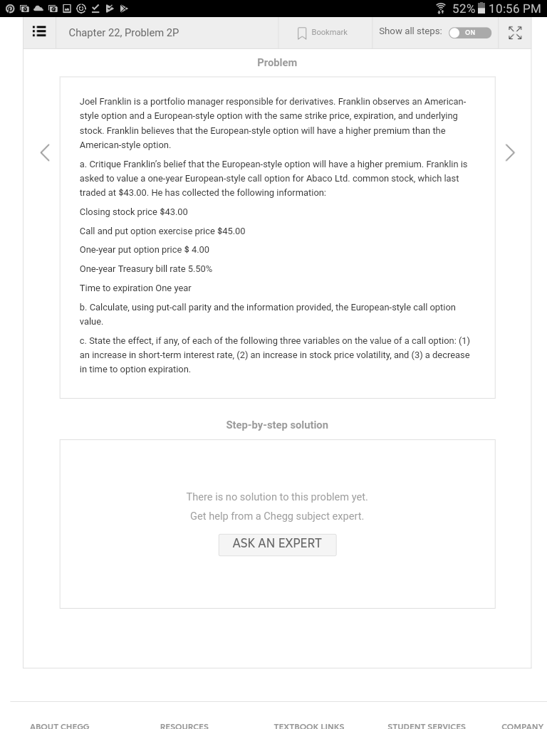 52%. 10:56 PM Chapter 22, Problem 2P Bookmark Show all steps