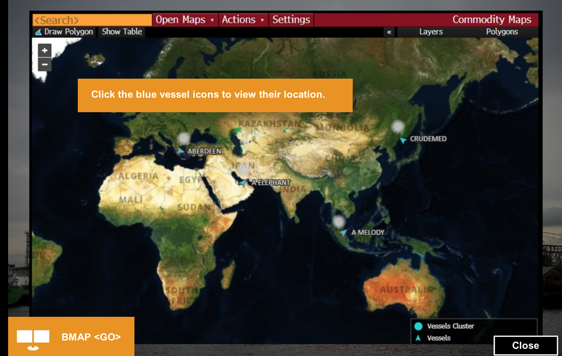 the BMAP function. Which vessel is in Vladivostok? A Elephant Aberdeen NO