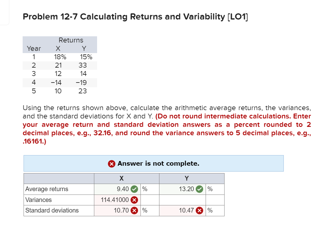  Problem 12-7 Calculating Returns and Variability [LO1] Using the returns shown
