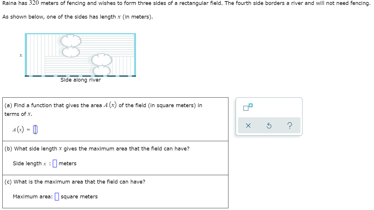 Word problem involving optimizing area using a quadratic function \f