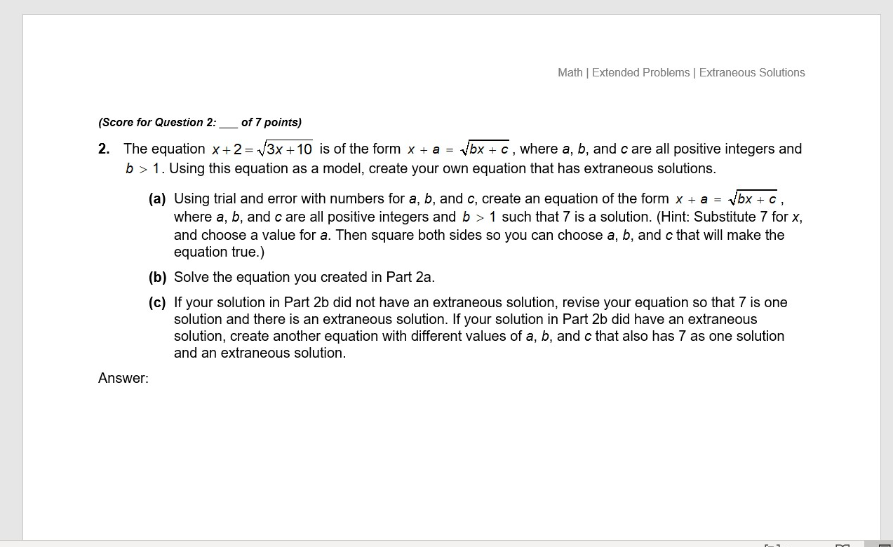  Math | Extended Problems | Extraneous Solutions (Score for Question 2: