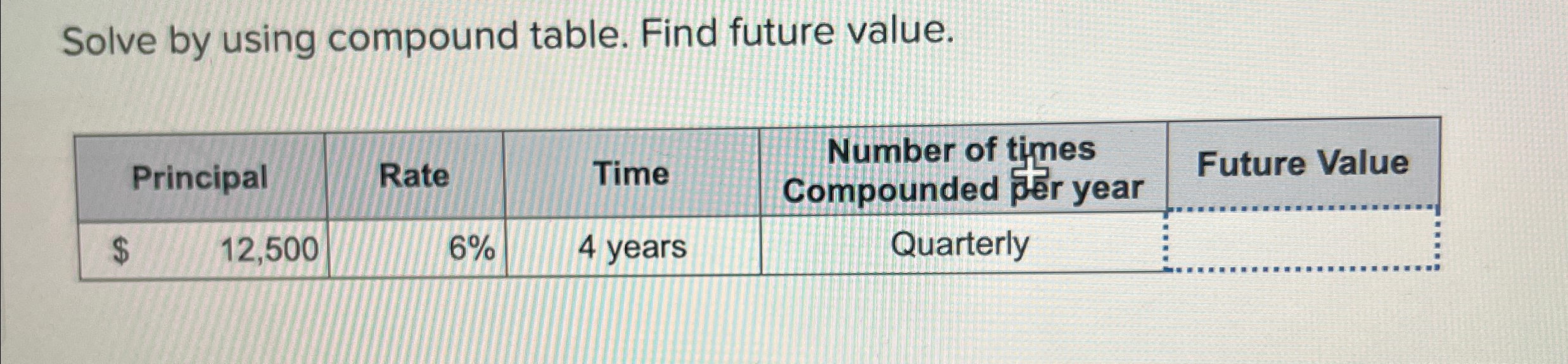  Solve by using compound table. Find future value. \table[[Principal,Rate,Time,\table[[Number of times],[Compounded