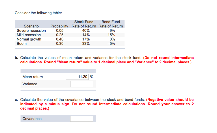  Consider the following table Probability 0.05 0.25 0.40 0.30 Stock Fund