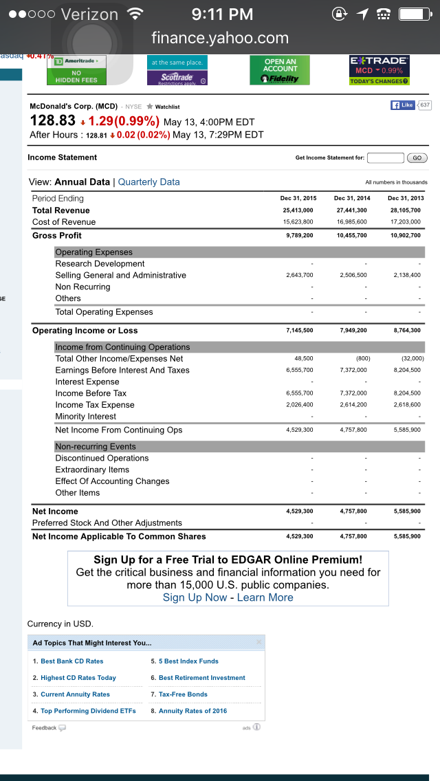 and balance sheets in order to calculate the financial ratios: ..ooo Verizon