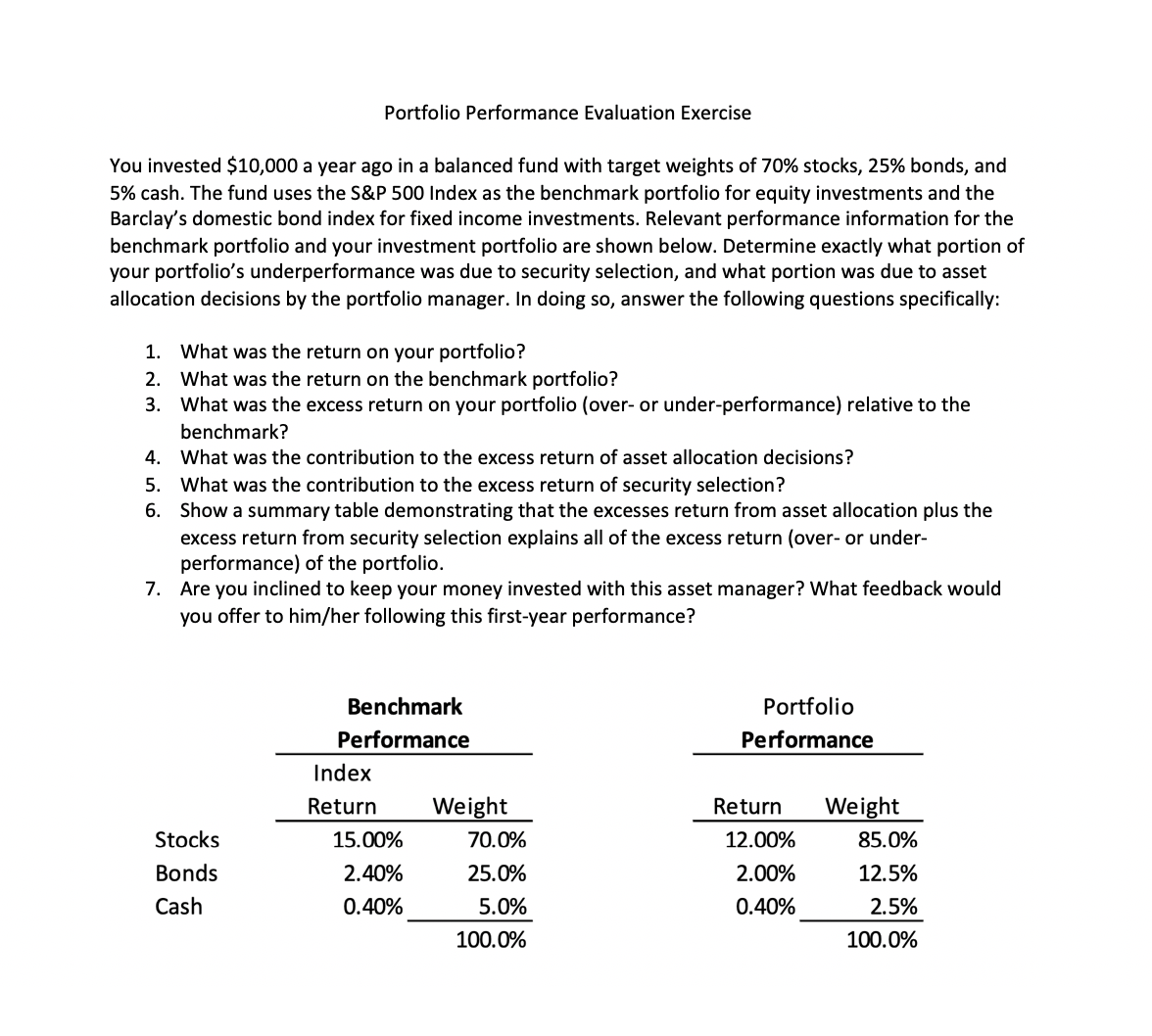  Portfolio Performance Evaluation Exercise You invested $10,000 a year ago in