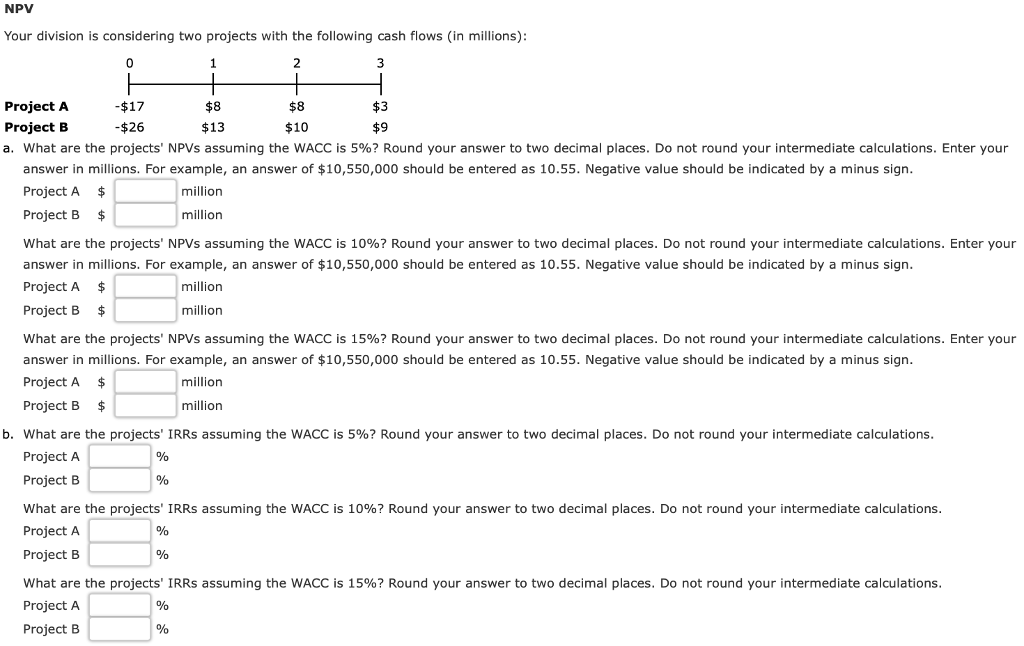NPV Your division is considering two projects with the following cash