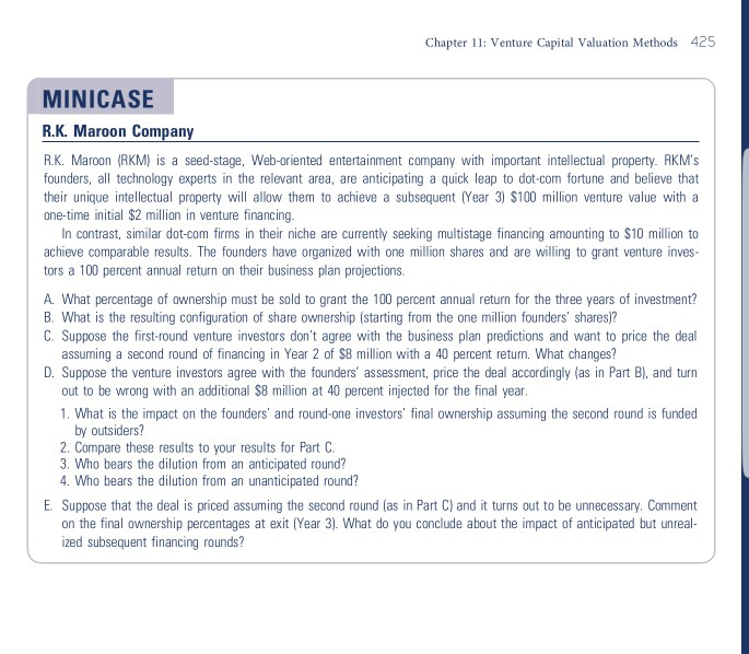  need help with part B Chapter 11: Venture Capital Valuation Methods