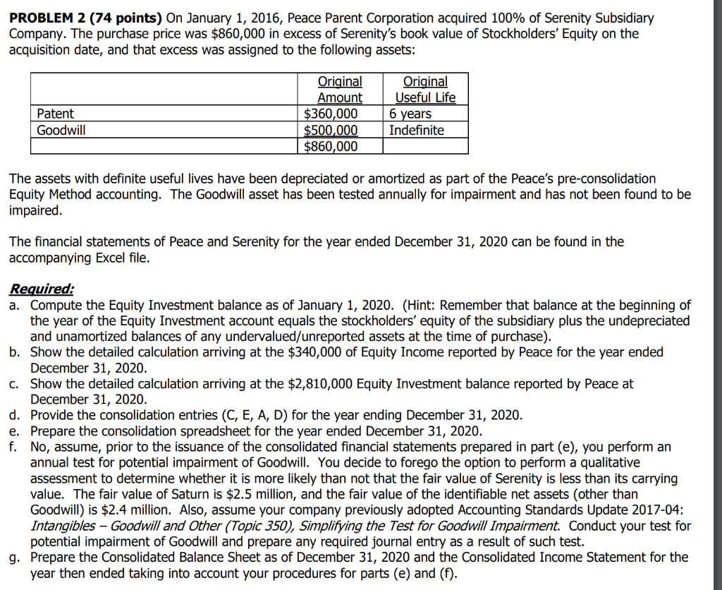  PROBLEM 2 (74 points) On January 1, 2016, Peace Parent Corporation
