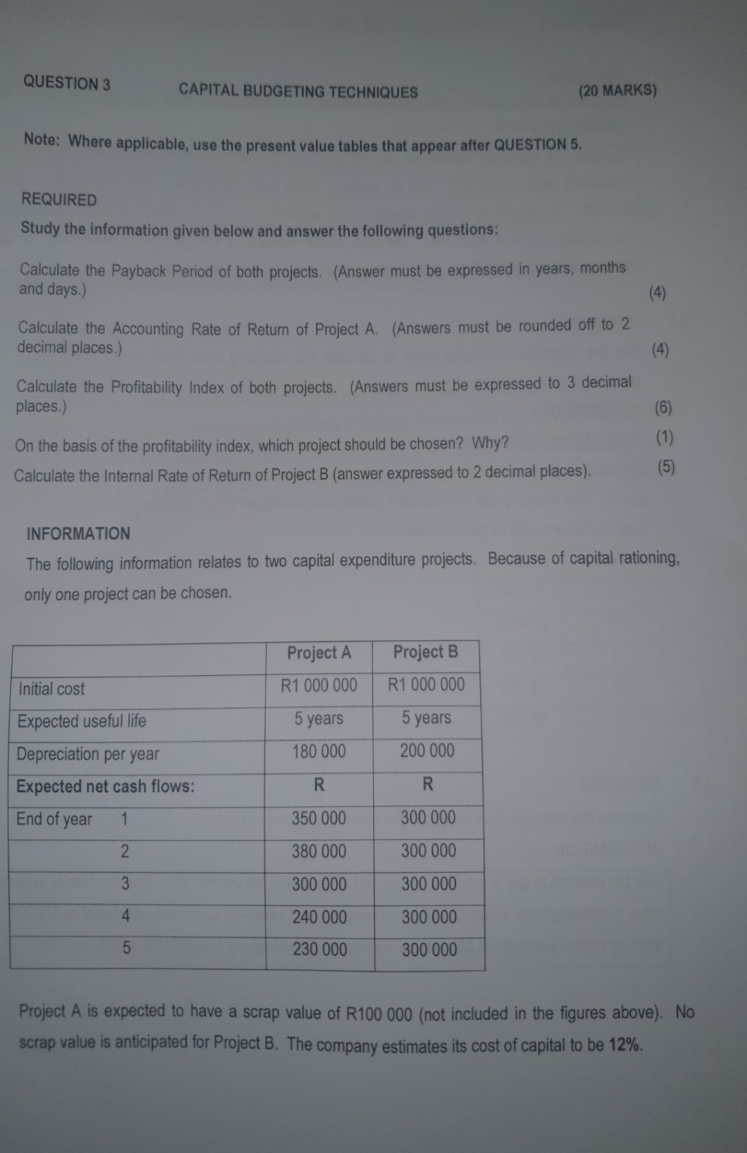  QUESTION 3 CAPITAL BUDGETING TECHNIQUES (20 MARKS) Note: Where applicable, use