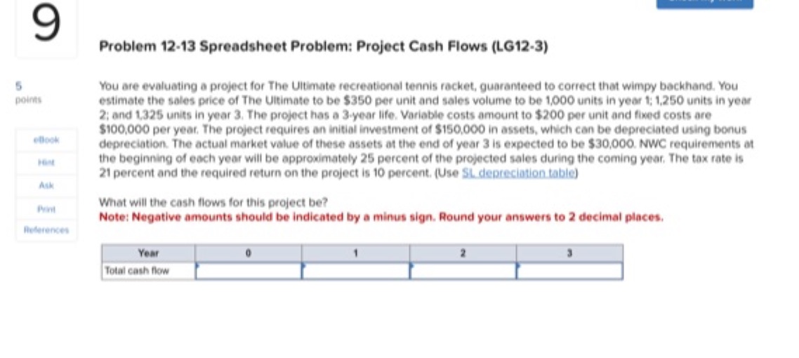  Problem 12-13 Spreadsheet Problem: Project Cash Flows (LG12-3) You are evaluating