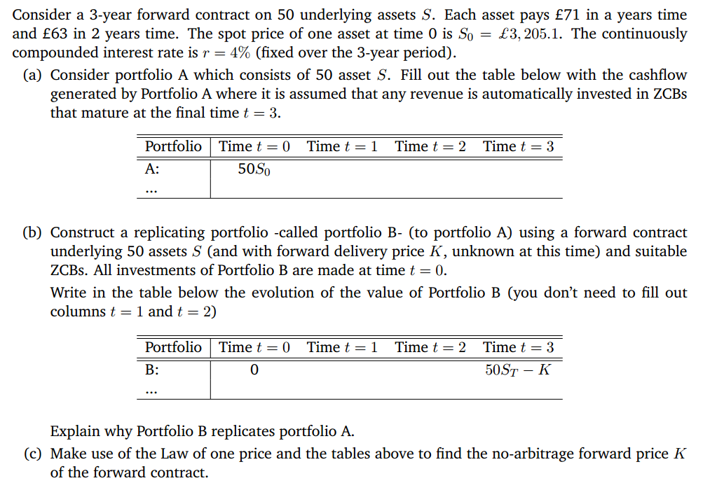Consider a 3-year forward contract on 50 underlying assets S. Each