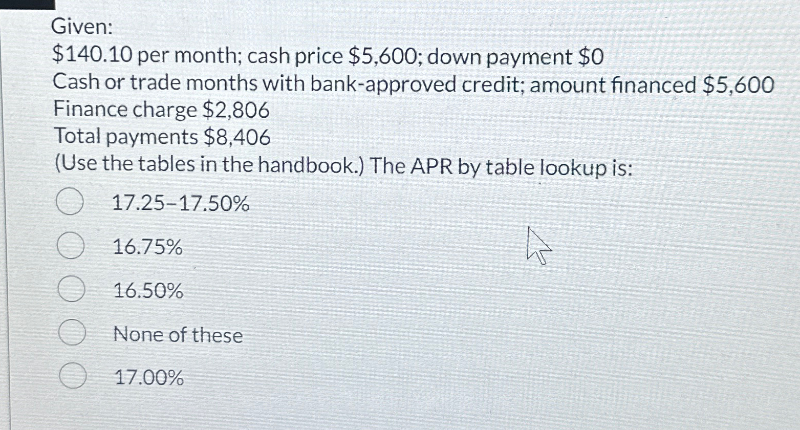  Given: $140.10 per month; cash price $5,600; down payment $0 Cash