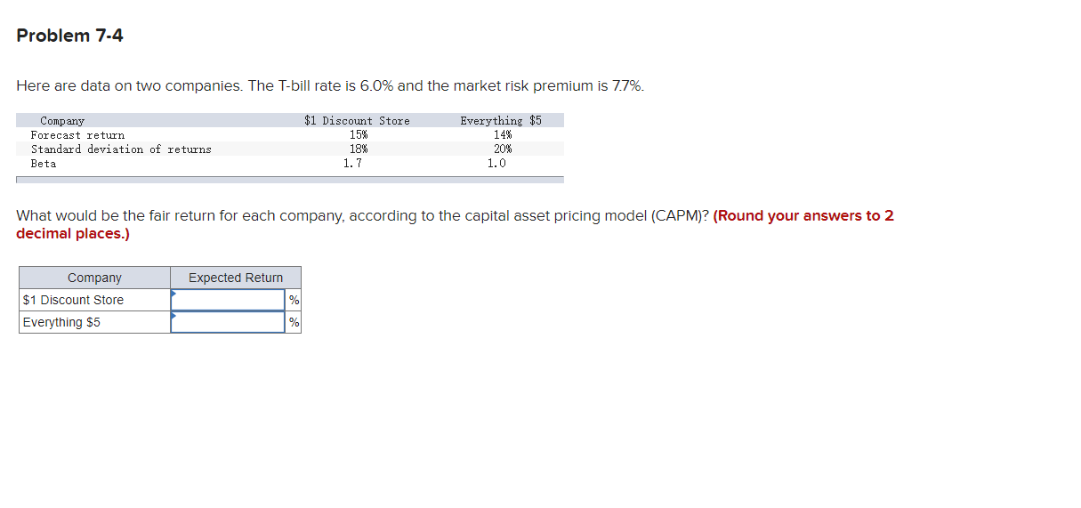  Problem 7-4 Here are data on two companies. The T-bill rate