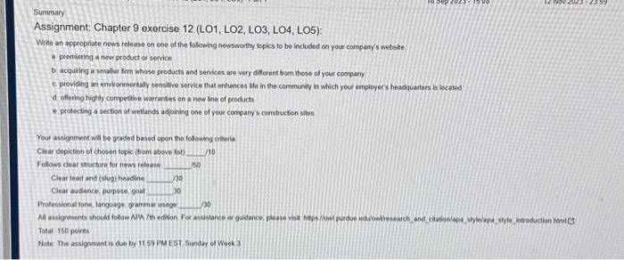  Assignment: Chapter 9 exercise 12 (LO1, LO2, LO3, LO4, LO5): Write