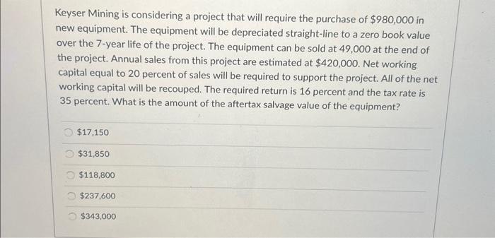  Keyser Mining is considering a project that will require the purchase