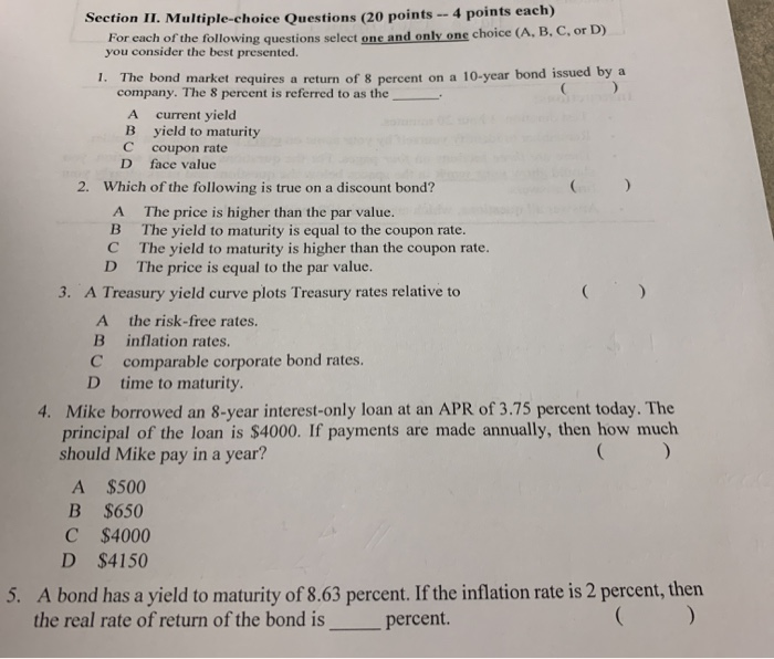  Section II. Multiple-choice Questions (20 points -- 4 points each) For