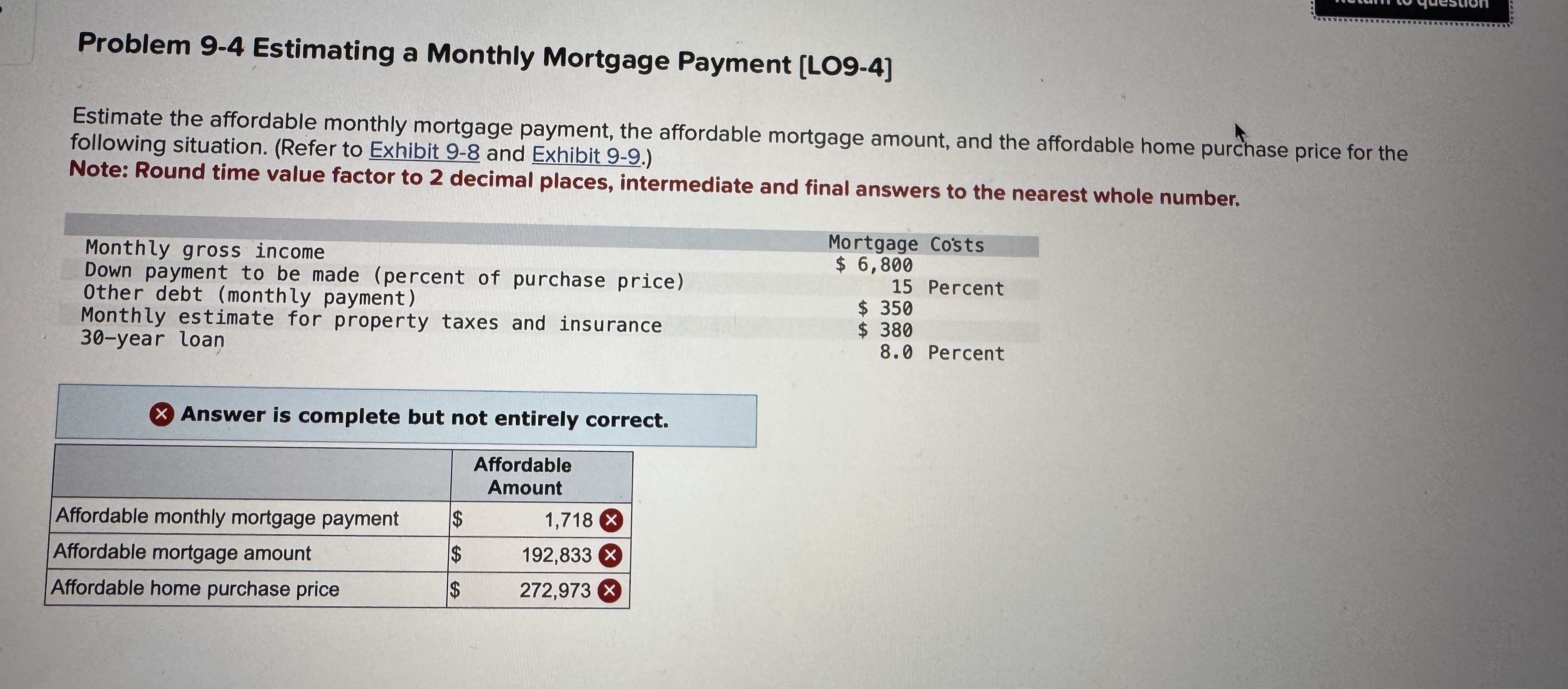 Problem 9-4 Estimating a Monthly Mortgage Payment [LO9-4] Estimate the affordable