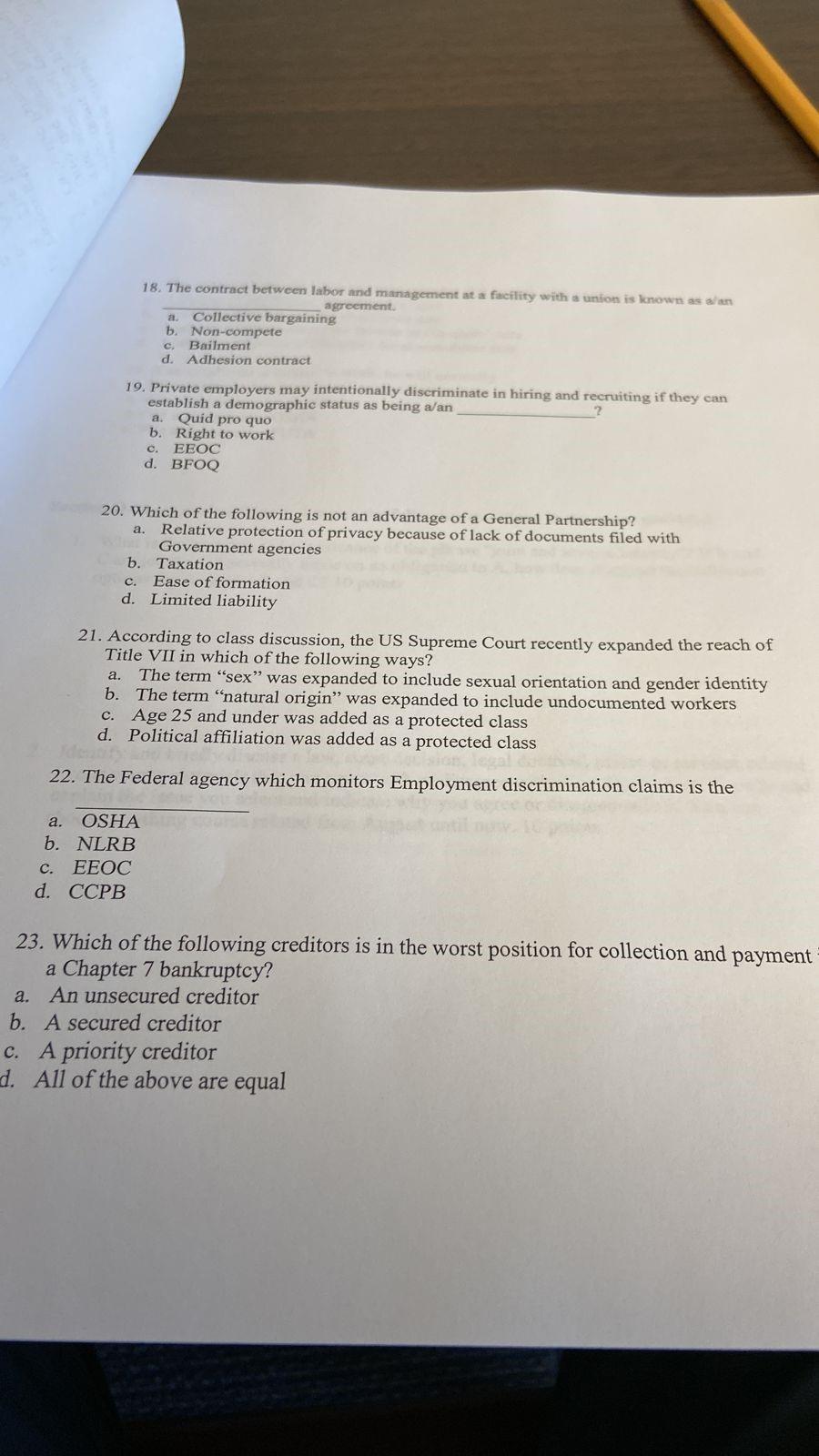  a 18. The contract between labor and management at a facility