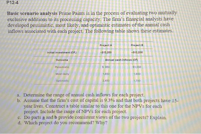  P12-4 Basic scenario analysis Prime Paints is in the process of