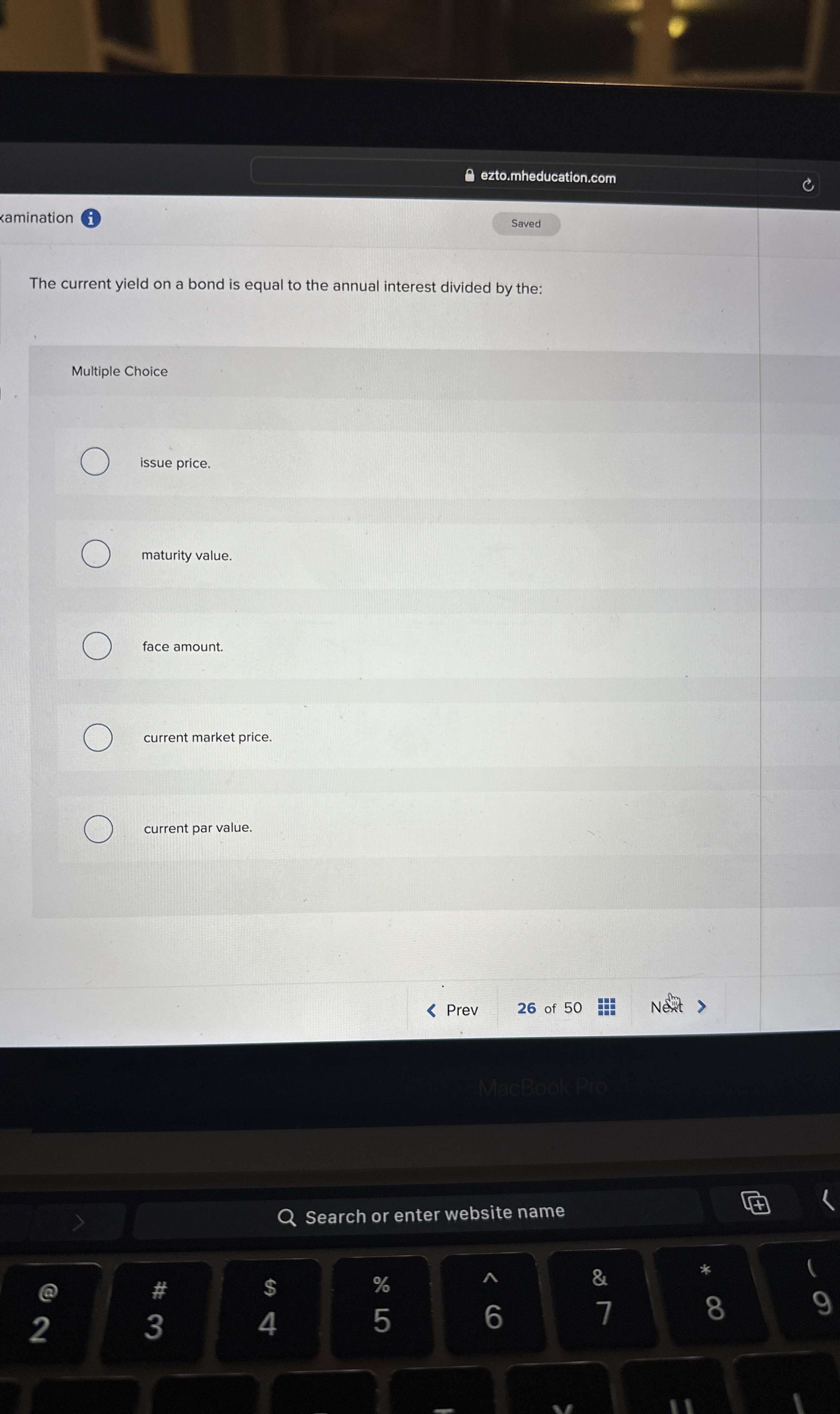  The current yield on a bond is equal to the annual