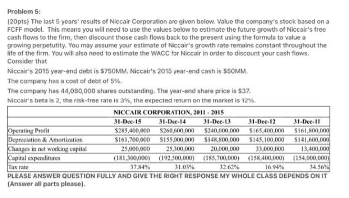 PLEASE ANSWER THIS QUESTION ASAP! Problem 5: (20pts) The last 5 years'
