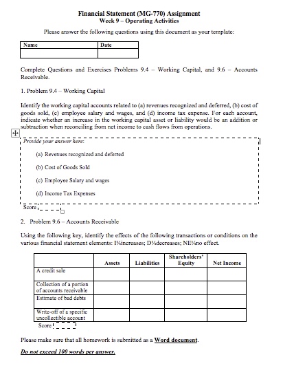  Financial Statement (MG-770) Assignment Week 9 - Operating Activities Please answer