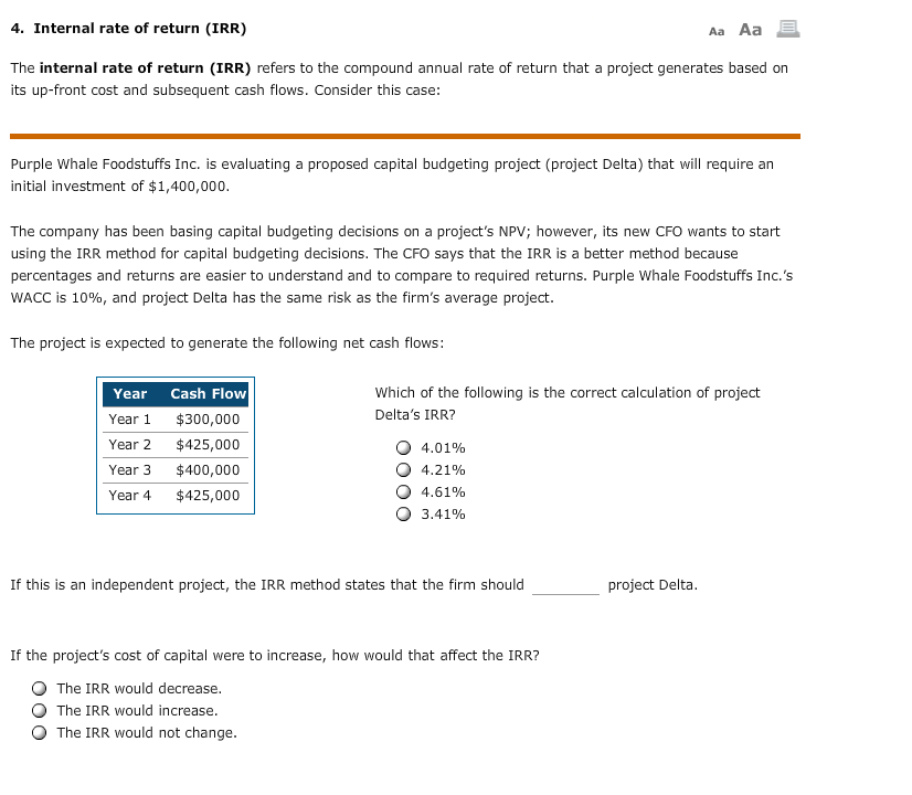  4. Internal rate of return (IRR) Aa Aa E The internal