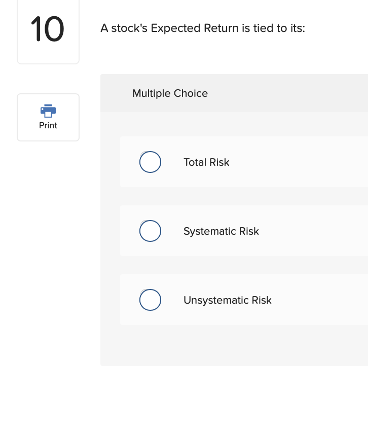  Multiple Choice Total Risk Systematic Risk Unsystematic Risk 