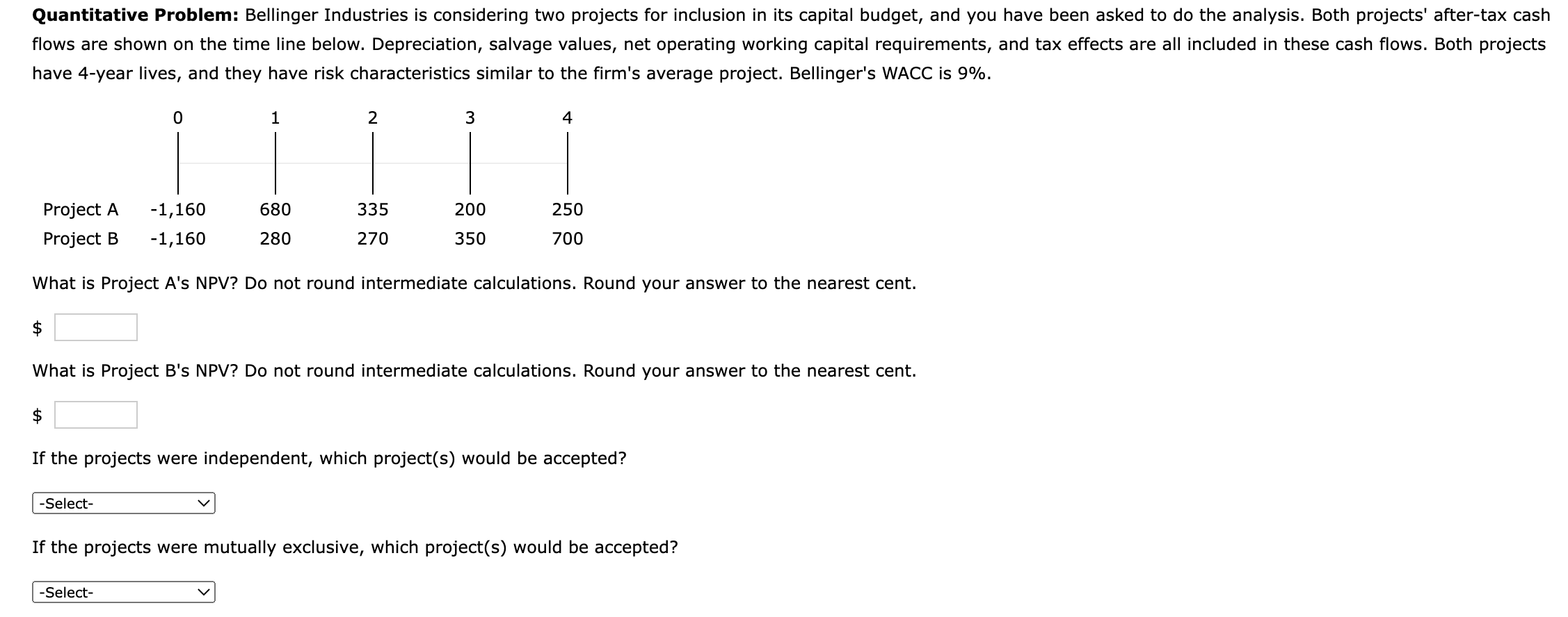  Quantitative Problem: Bellinger Industries is considering two projects for inclusion in