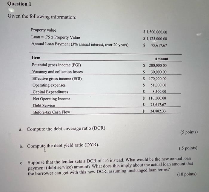 Question 1 Given the following information: Property value Loan = .75