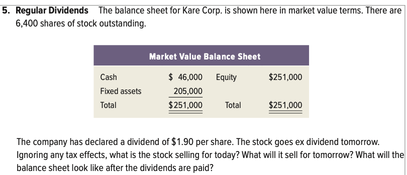  5. Regular Dividends The balance sheet for Kare Corp. is shown