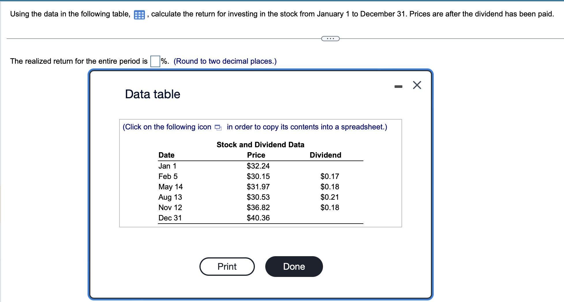  UsUsing the data in the following table, , calculate the return