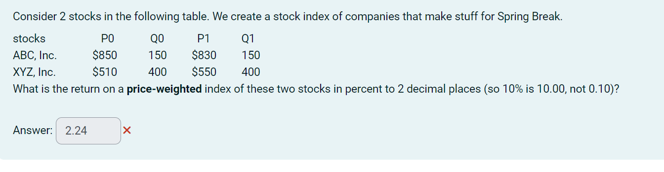  Consider 2 stocks in the following table. We create a stock