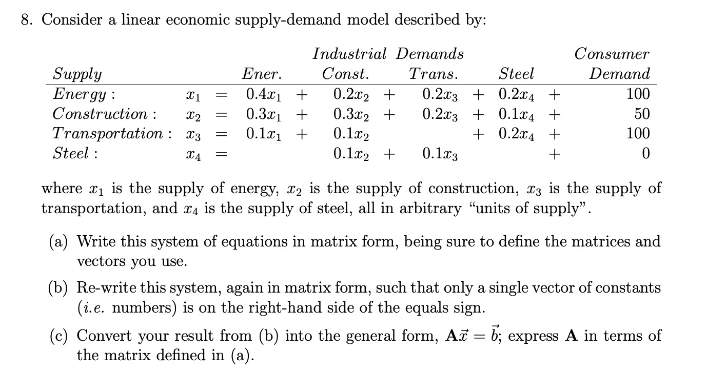 Please help 8. Consider a linear economic supplydemand model described by: Industrial
