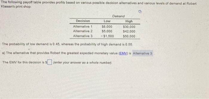  The following payoff table provides profits based on various possible decision