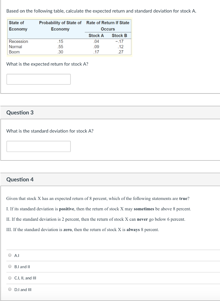  Based on the following table, calculate the expected return and standard