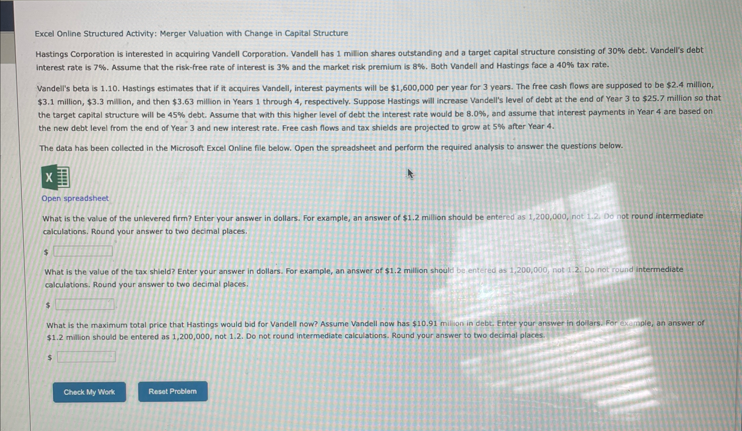  Please help!!. Don't mind the spreadsheet. Excel Online Structured Activity: Merger