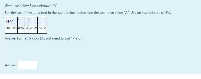 Given cash flow Find unknown "A" For the cash flows provided